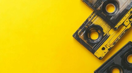 Retro Audio Cassettes on Vibrant Multicolor Background with Copy Space, Top View for Musical Nostalgia Concept