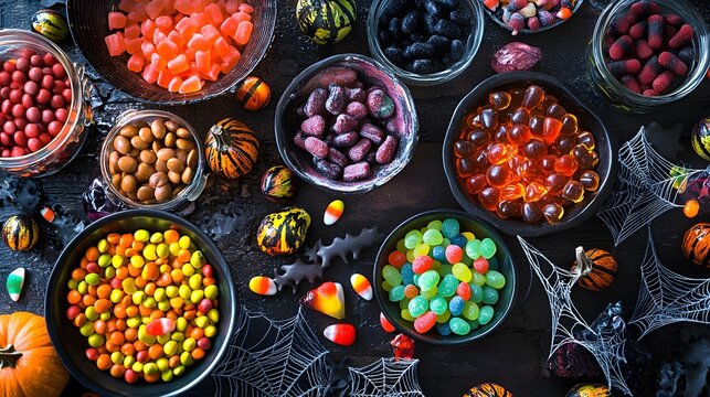 A colorful selection of Halloween candies in playful arrangements with spooky decorations enhancing the festive atmosphere