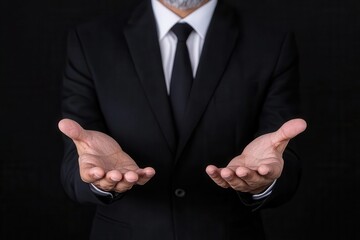 Obraz premium A professional man in a suit presenting with open hands, symbolizing opportunity and invitation against a dark background.