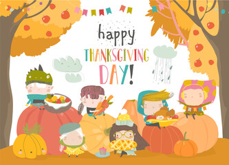 Cartoon children harvesting in autumn garden. Happy Thanksgiving Day