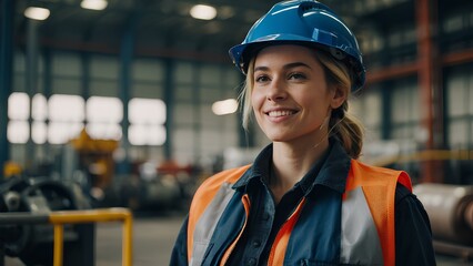 Young Woman Engineer in a Hard Hat and Vest in Front of Blurred Industrial Machines – Industrial Safety and Technology