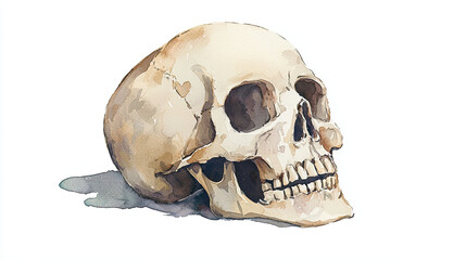 Obraz premium Watercolor painting of a human skull, showcasing intricate details and shading on a white background for artistic and educational projects.