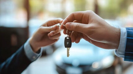 Closeup of Salesman Giving Key to Customer in Office, Buying Process
