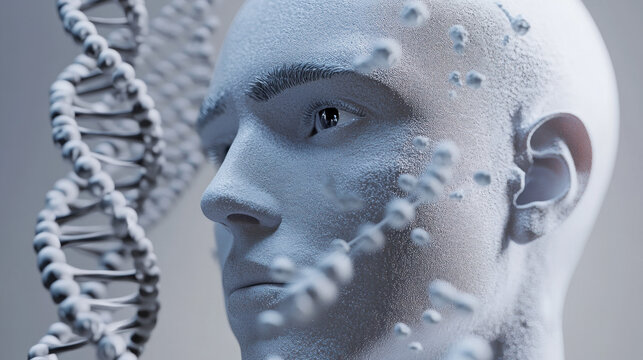 A 3D rendered image of a human head with a DNA strand behind it. The head is white and the DNA strand is silver. The image is set against a white background.