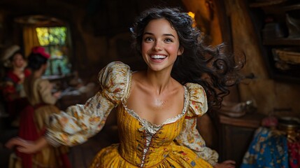 Obraz premium Joyful young woman in a vibrant medieval gown