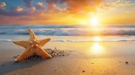Fototapeta na wymiar Golden Starfish Sunset: A lone starfish rests on the sandy shore, bathed in the warm glow of a breathtaking sunset over the ocean. The serene scene evokes a sense of peace, tranquility, and the beauty