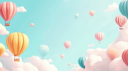 Fototapeta premium Colorful Hot Air Balloons Soaring Through Fluffy Clouds in a Dreamy Sky.