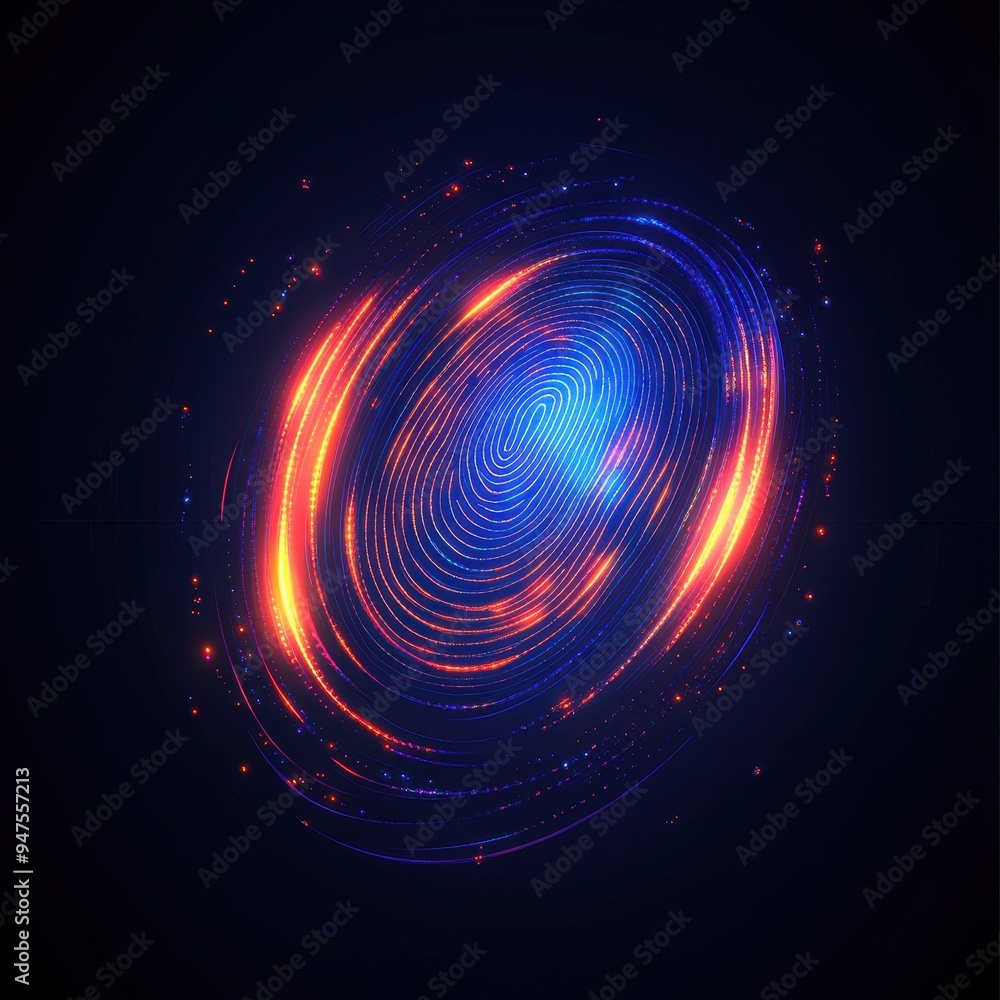 Poster abstract glowing fingerprint pattern with red and blue lines and dots on black background.