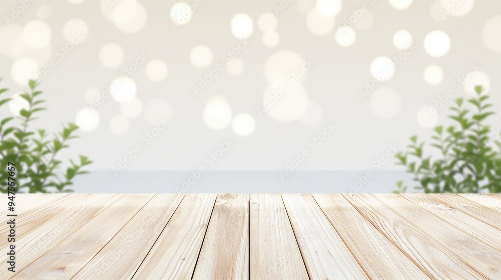 Poster coastal bokeh background: a serene wooden tabletop with a blurred backdrop of sparkling ocean and lu