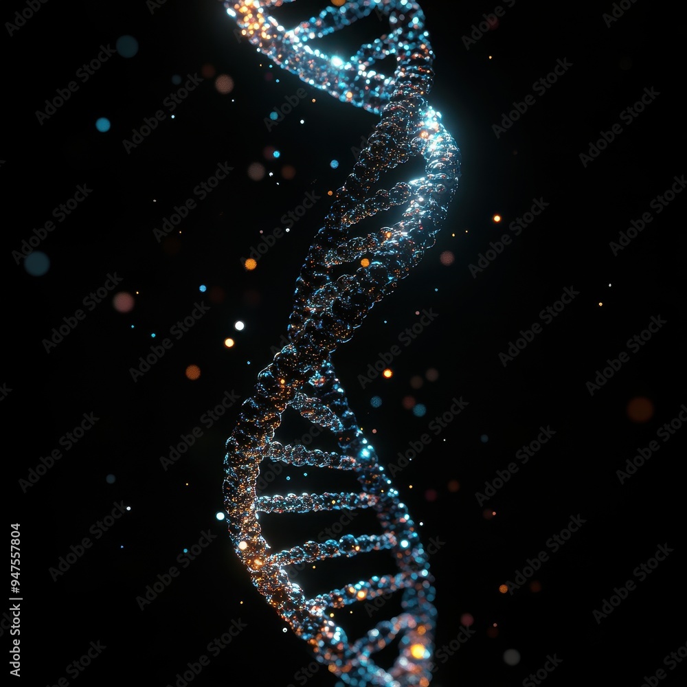Aufkleber 3d render of glowing dna helix with bokeh lights on black background.