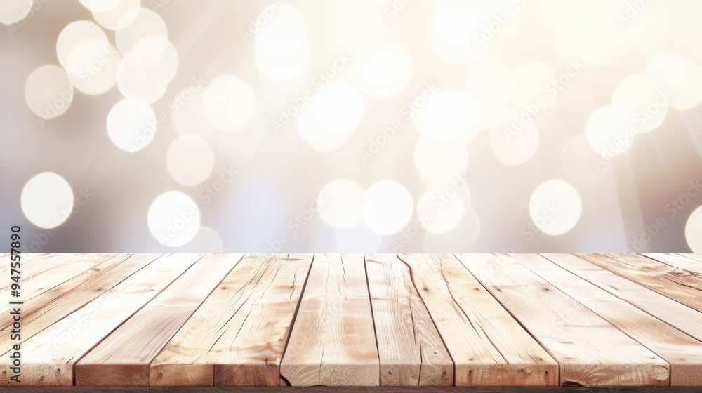 Poster rustic elegance: empty wooden table top with a backdrop of sparkling bokeh lights, perfect for showc