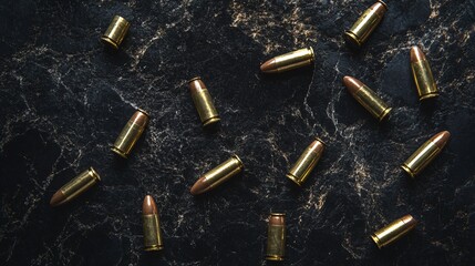 Dark Table with Set of Gun Bullets: Professional Above View Image