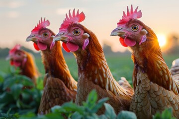 Three Chickens at Sunset in a Field
