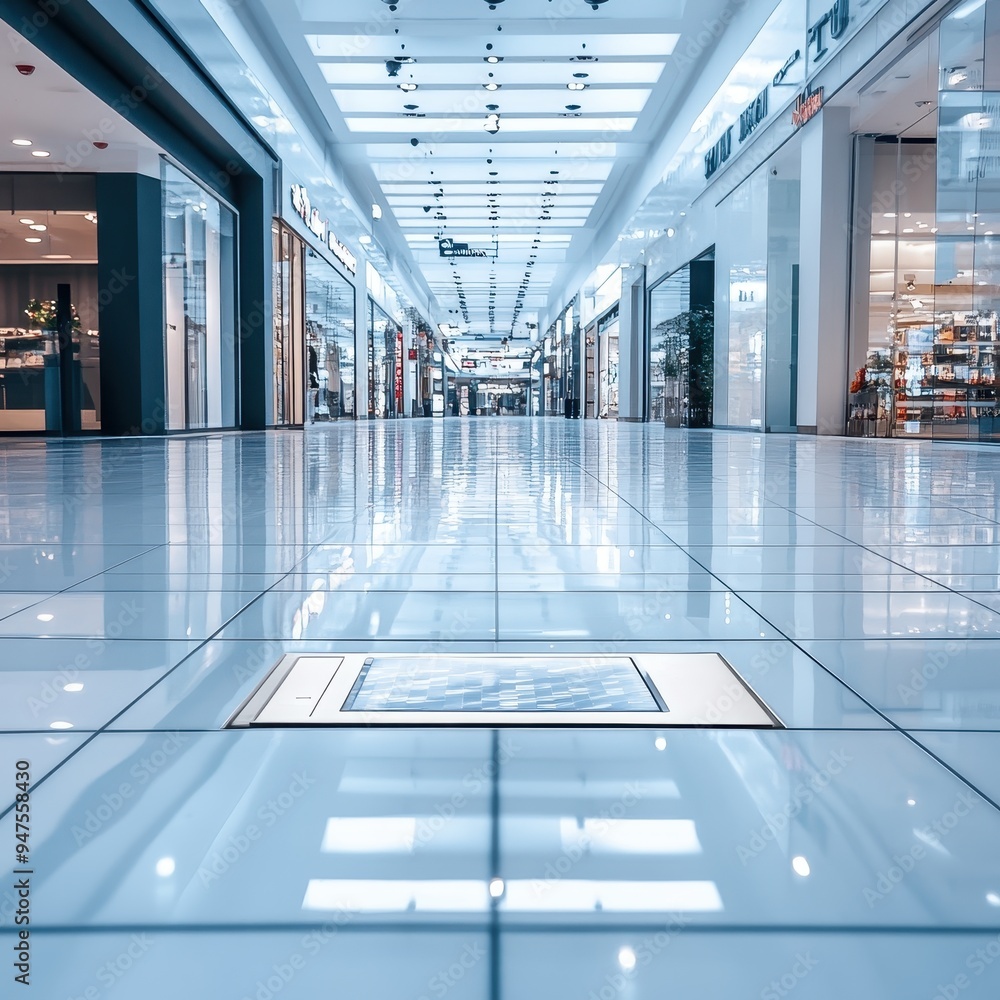 Poster Empty Mall Corridor with Gleaming Tile Floor and Reflections.