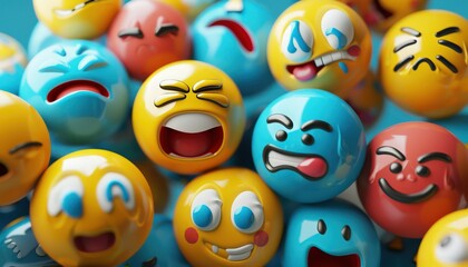 Vibrant collection of 3D emojis with varied emotions, featuring ample text space, in