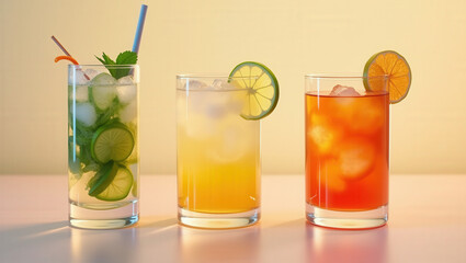 Vibrant Trio of Refreshing Cocktails - Mojito, Whisky Sour, and Aperol Spritz in Retro 90s Advertising Style