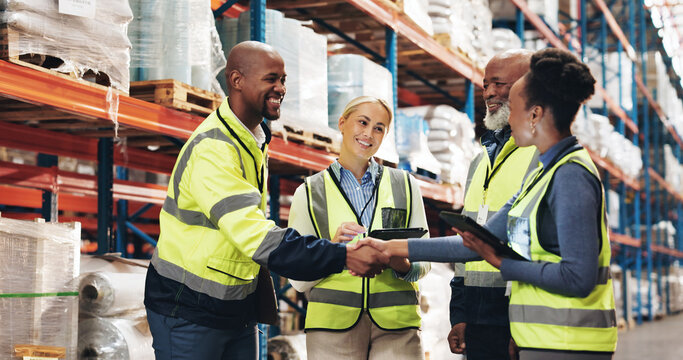 Business people, handshake and logistics with tablet for meeting in supply chain, distribution or stock at warehouse. Welcome colleagues, employees or shaking hands with technology for inventory