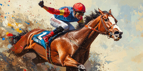 Jockey races fast on a horse, kicking up dust, aiming for the finish line, showcasing speed and strength in exciting equestrian competition. Melbourne Cup