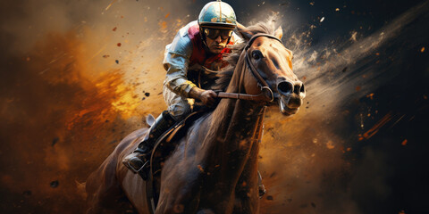 Fototapeta premium Jockey races fast on a horse, kicking up dust, aiming for the finish line, showcasing speed and strength in exciting equestrian competition. Melbourne Cup