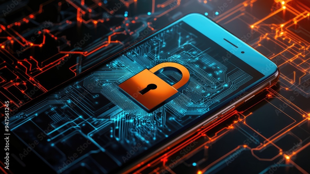Poster a smartphone displays an open padlock icon amidst intricate circuitry and flowing data streams, repr