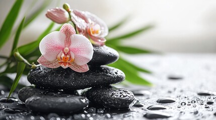 Fototapeta premium Tranquil Spa Stones with Beautiful Orchid Flower and Bamboo Sprout