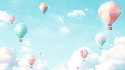 Fototapeta premium Watercolor Painting of Hot Air Balloons Floating in a Blue Sky with Fluffy White Clouds.