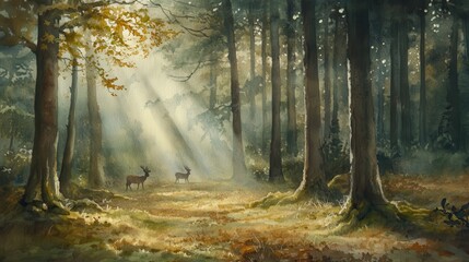 Fototapeta premium Watercolor Painting of Deer in a Sunlit Forest.