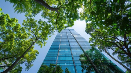 tall glass building surrounded by green trees