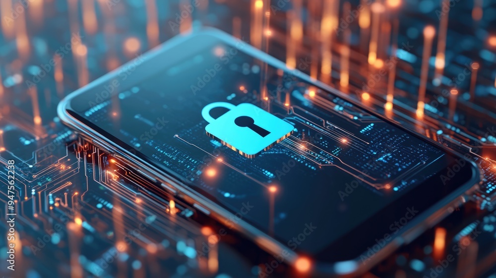 Poster a smartphone displays an open padlock icon amidst circuitry and data streams, highlighting the impor