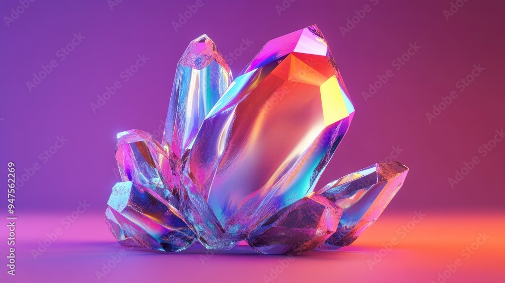 Poster iridescent abstract shape with colorful crystal effect in 3d rendering