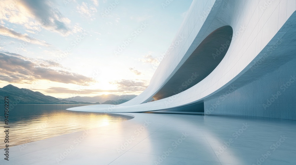 Poster futuristic exterior background featuring a curved architectural design in a 3d rendering