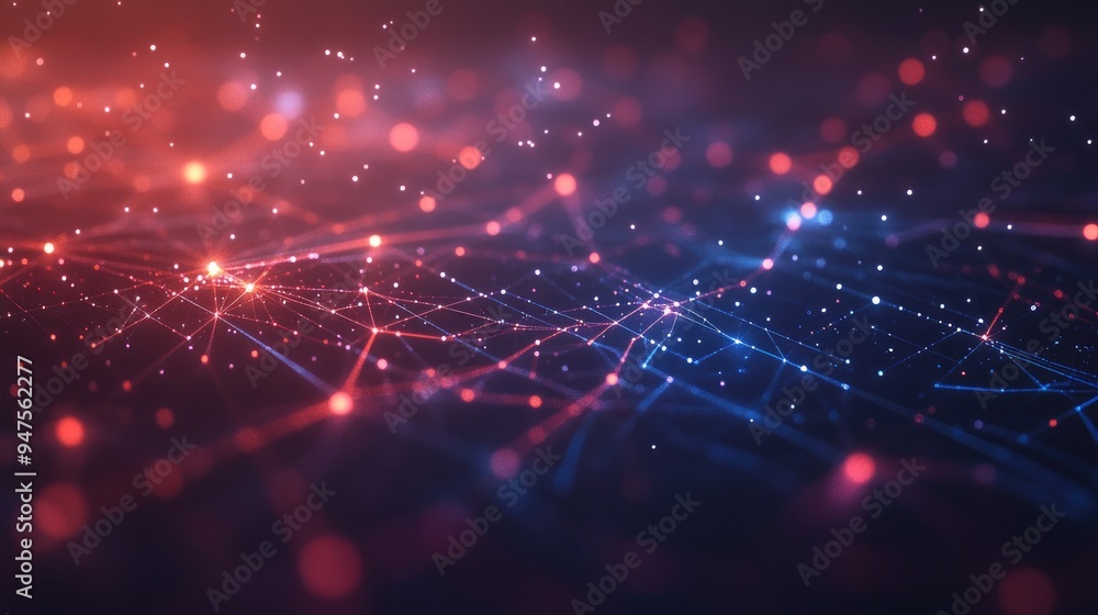 Poster futuristic concept of data analysis featuring illuminated grid connected particles and blurred lines