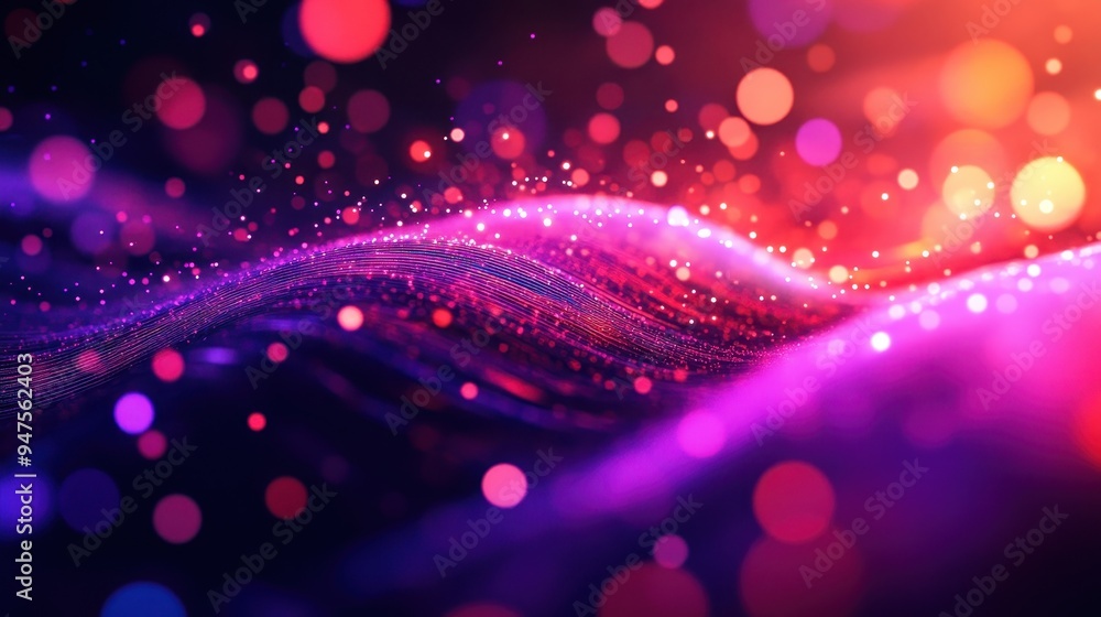 Poster abstract purple and red bokeh background with glowing lights and particles.