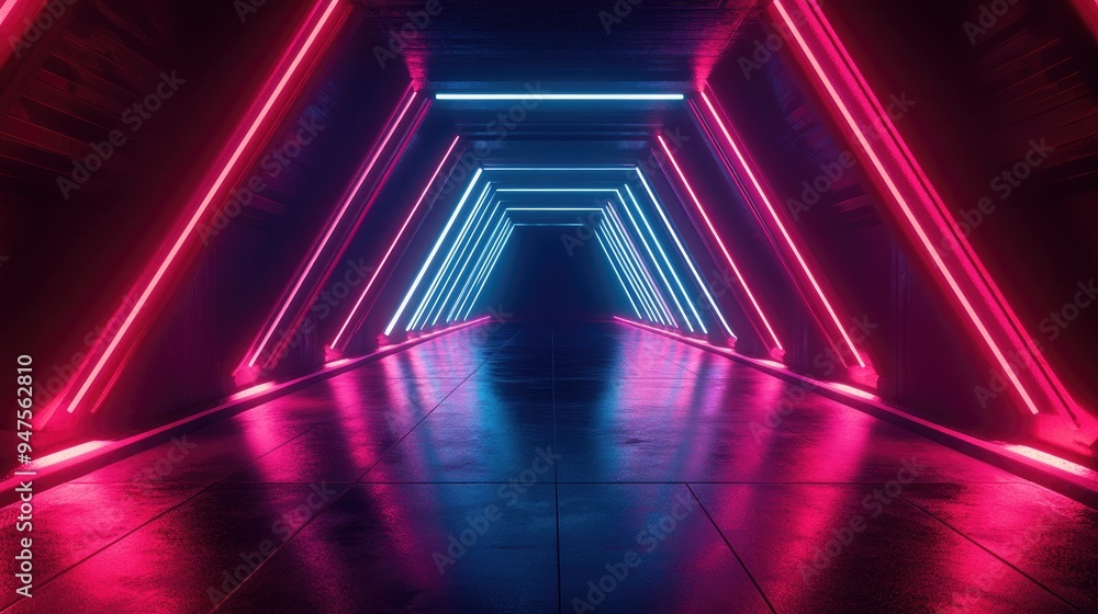 Poster neon glowing lines in a dark tunnel create reflections on the floor and ceiling framing an empty cen