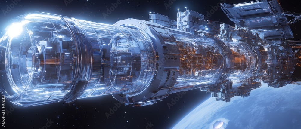 Poster futuristic space station orbiting earth with transparent hull 3d render.