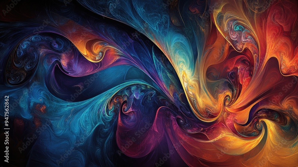 Poster vibrant and chaotic fantasy fractal design featuring abstract shapes ideal for use as a background o