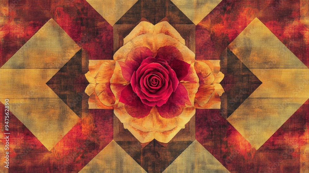 Poster textile design featuring square motifs created with four fibonacci roses arranged in a radial symmet