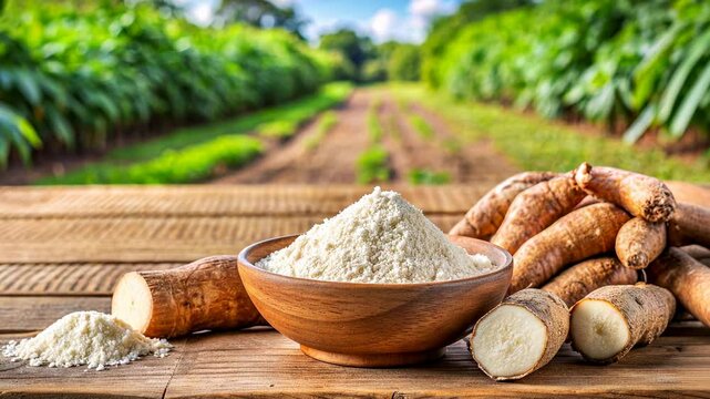 Cassava Flour with Fresh Cassava Roots.