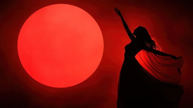 A silhouette of a woman gracefully dancing against a large red sun, evoking mystery and passion in an enchanting setting.