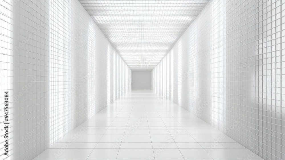 Poster Realistic 3D rendering of an empty white corridor featuring grid mesh walls and illuminated fixtures