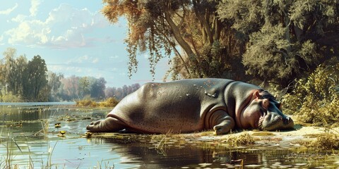 Hippopotamus lounging near the water.