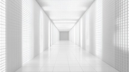 Fototapeta premium Realistic 3D rendering of an empty white corridor featuring grid mesh walls and illuminated fixtures