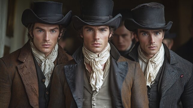Three men in formal Regency attire with intense expressions