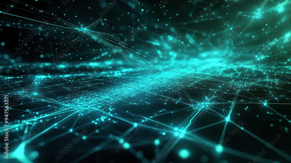 Poster abstract technology background with blue glowing lines and nodes, digital network concept.
