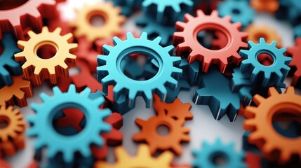 Vibrant 3D illustration of interlocking gear wheels against a white backdrop