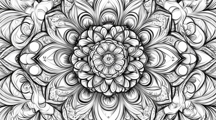 Mandala design in black and white suitable for coloring featuring intricate decorative elements