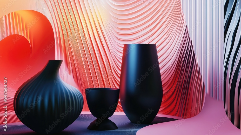 Poster dynamic interior featuring smooth black and gradient colored objects in an abstract design 3d illust