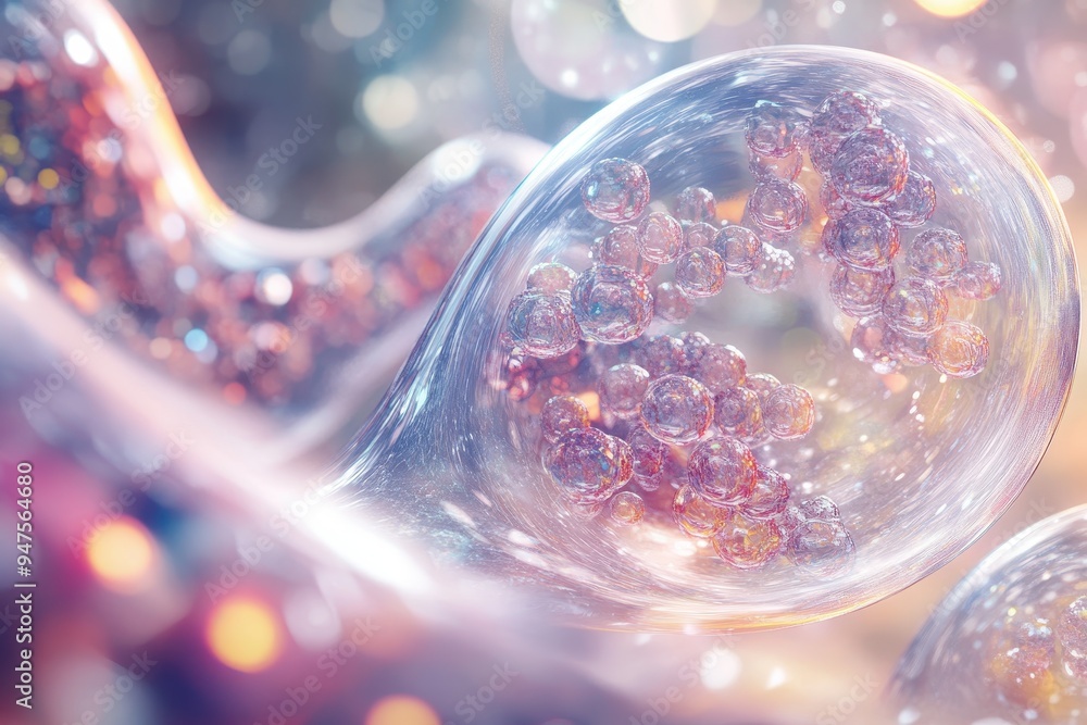 Poster abstract 3d rendering of a glass sphere with bubbles inside, macro close-up, bokeh background, pink 
