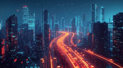 Fototapeta premium Futuristic Cityscape with Illuminated Highway at Night - Neon Lights and Cyberpunk Aesthetic.