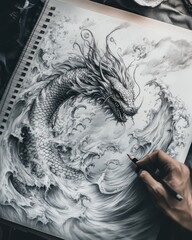 Detailed Pencil Drawing of a Dragon Emerging from a Wave.